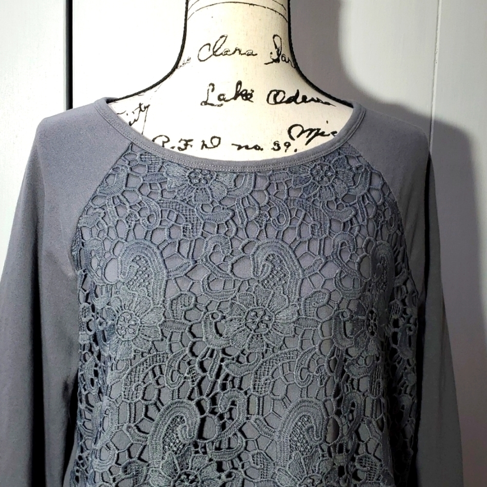 Adrianna Papell- Womens Gray Top Crochet Overlay Front Longsleeve Sz.XL - Picture 2 of 6